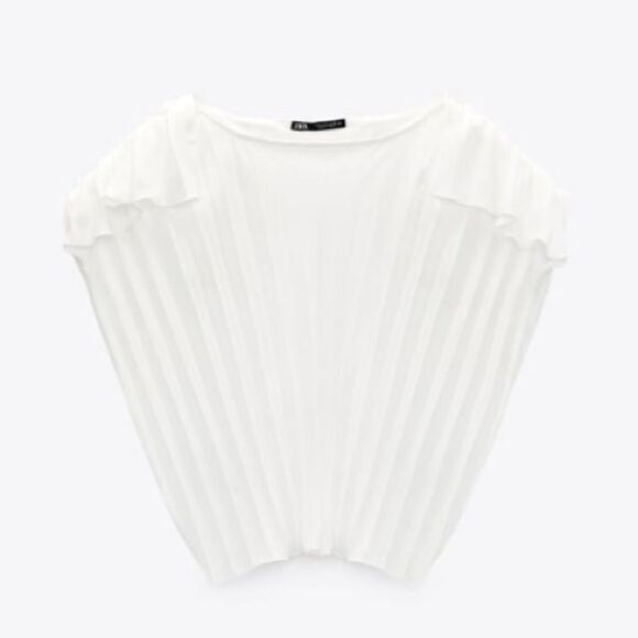 Zara Crop White Ruffle Drop Sleeve Pleated Soft Girl Top Blouse Size S - Picture 6 of 14
